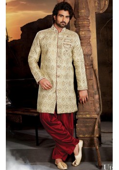 Designer Cream Maroon Indo Western Sherwani2